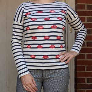 J. CREW Striped Lip Print Graphic Long Sleeve Tee